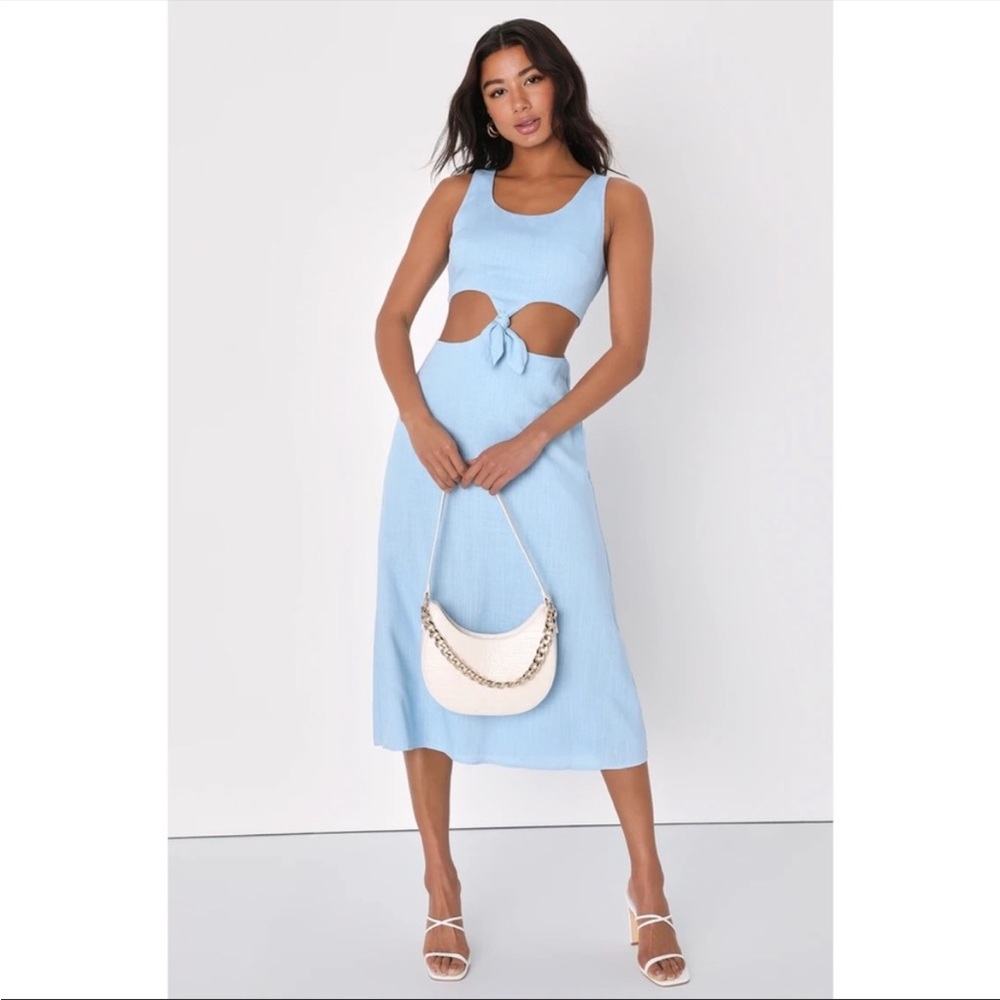 NWOT Lulus Stun All Summer Light Blue Linen Cutout Tie-Front Midi Dress Small